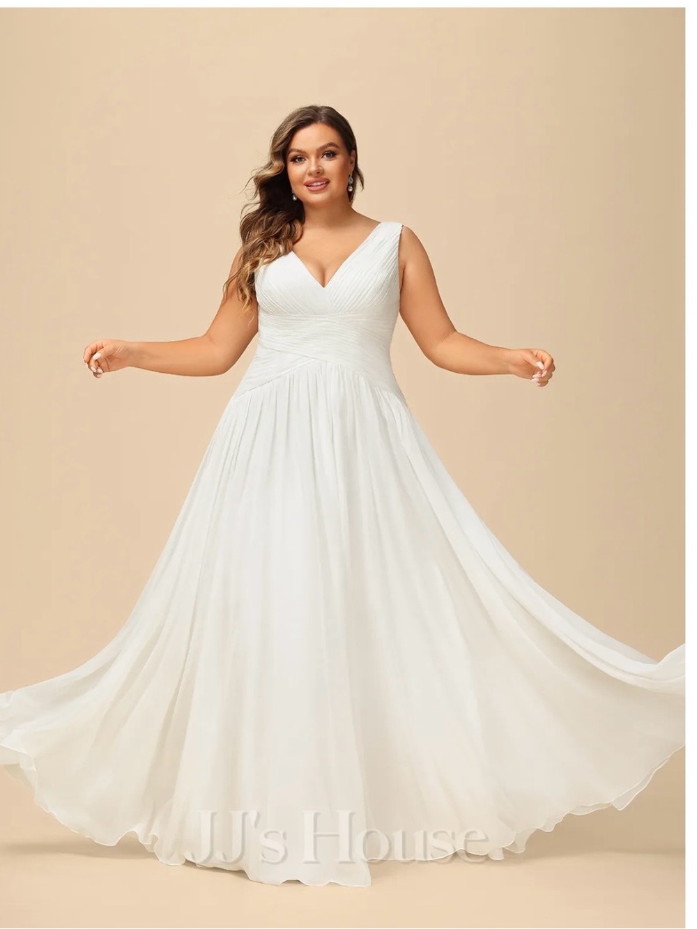 JJs House White V-Neck Chiffon A-Line Plus Size Wedding Gown